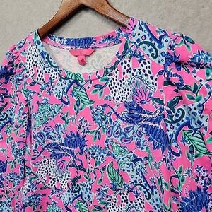 LILLY PULITZER Womens Large JANSEN Long Sleeve Sweatshirt Pink Untamed Hearts
